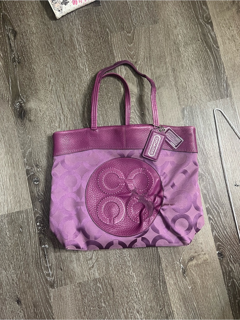 Coach Purple Signature Tote Bag with Leather Trim